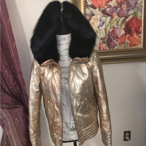 dennis basso Metallic Gold Leather Jacket with Black Fur Collar